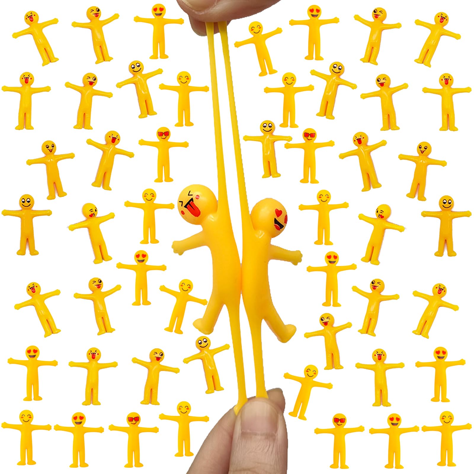 EDLMKM 50 Pcs Yellow Stretchy Men Party Bag Fillers for Kids, Stretchy Smile Men Party Bags Fillers, Kids PParty Favour Loot Bag Filler, SStretchy Toys in Assorted Emoji Faces, Sticky Menn