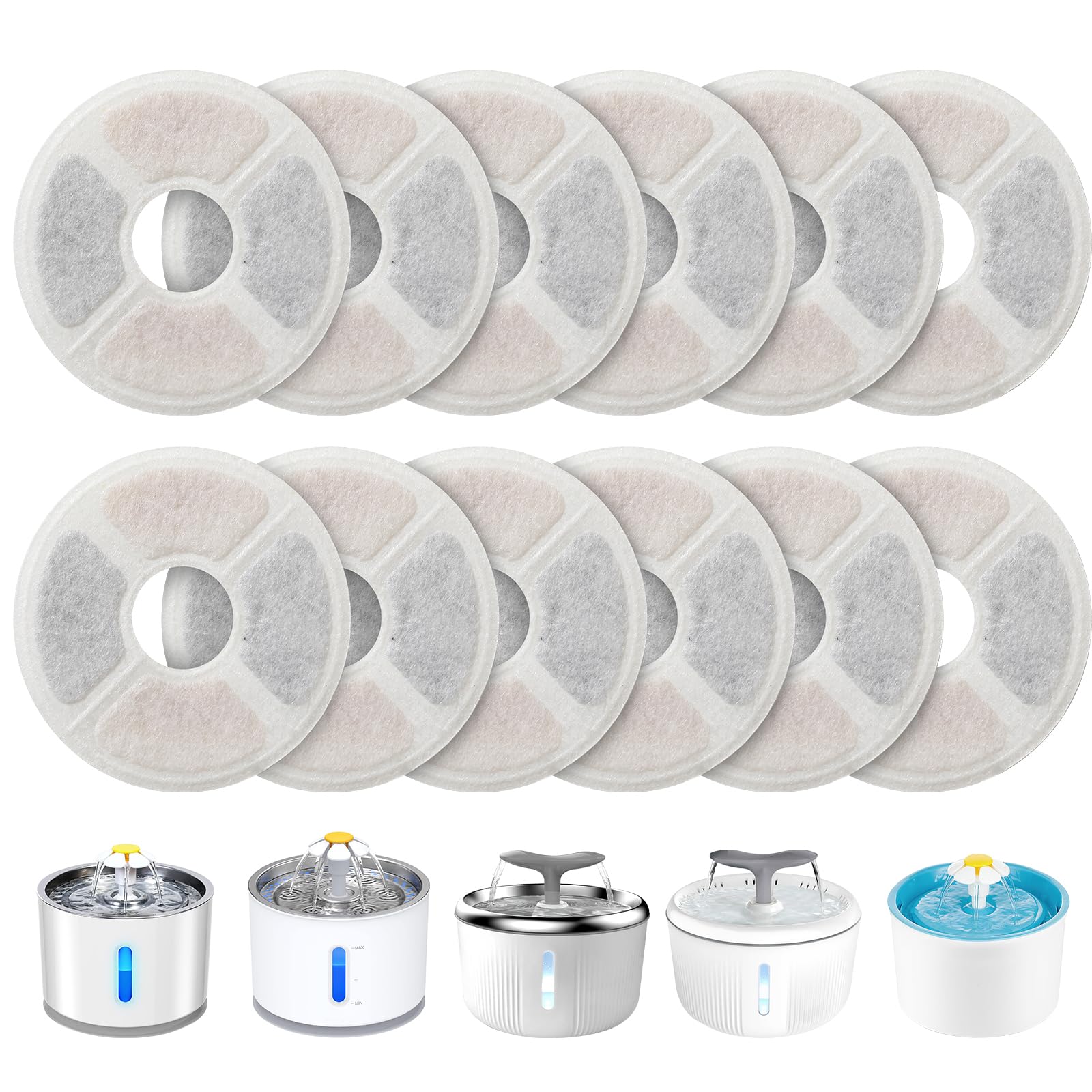 PewinGo 12 PACK Cat Water Fountain Filters, for 2-2.5L Cat Water Fountain, Triple Action with Urinary System Protective Resin, Acticated Carbon, white, (GLM01)