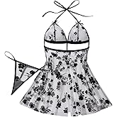 TrueVip Sexy Lingerie Set for Women 2 Piece Halter Sheer Babydoll Nightwear V Neck Chemise Nightie Sleepwear with Thong