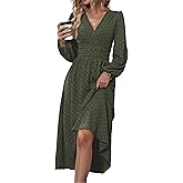 Mettclasi Women's Spring Fall Swiss Dot V Neck Maxi Dress Casual Puff Long Lantern Sleeve A-Line Flowy Dress