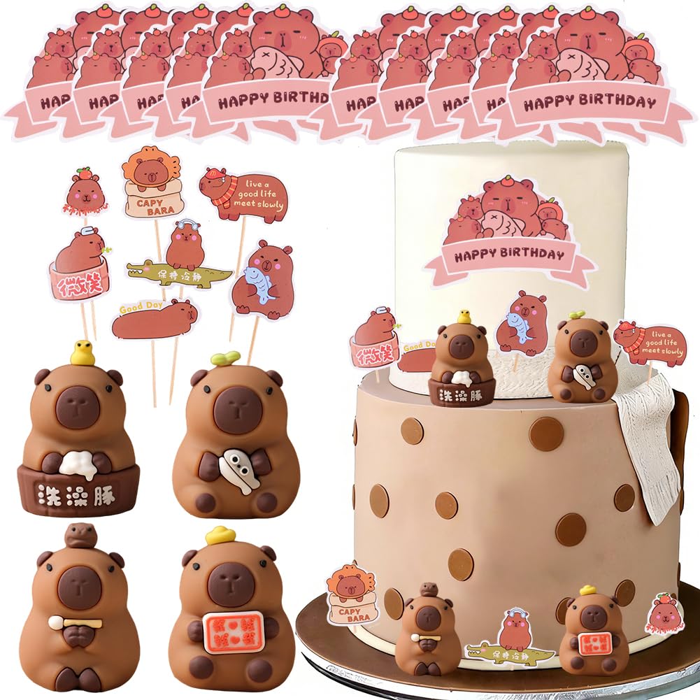 Capybara Cake Decoration Set, Capybara Birthday Cake Toppers, Animals Cupcake Decoration Supplies - Suitable for Themed Birthday Parties and Weddings (C)