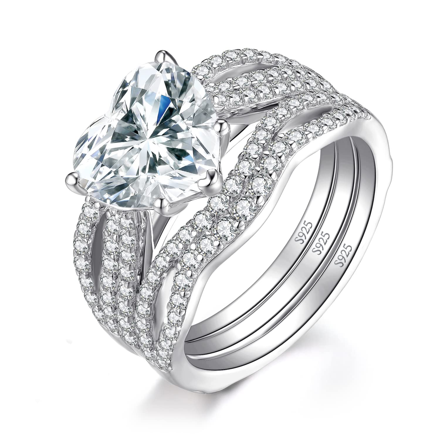 Photo 1 of JewelryPalace Love Heart 3ct Cubic Zirconia Solitaire Engagement Rings for Women, 925 Sterling Silver Promise Ring for her, Simulated Diamond Twisted Anniversary Wedding Band Enhancer Bridal Sets 7