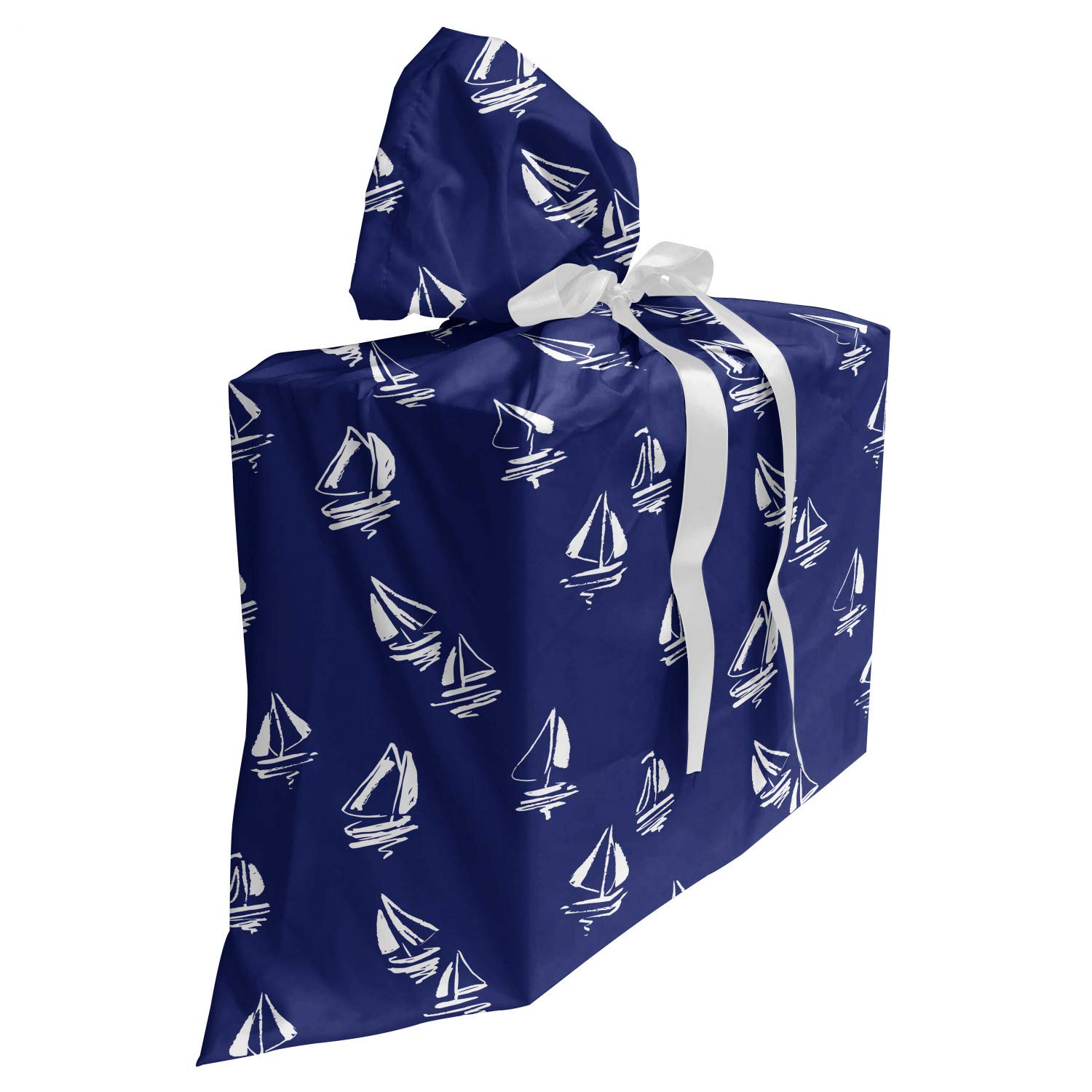 ABAKUHAUS Navy Blue Fabric Gift Bag, Hand Drawn Style Sailing Yacht Silhouettes Ocean Travel Regatta Race Theme, Present Sack for Baby Showers Birthdays with 3 Ribbons, 27" X 32", Dark Blue White