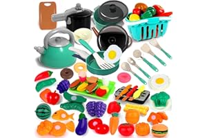 Yeeyuue 130Pcs Kids Kitchen Toy Accessories, Kids Kitchen Playset with Pretend Cooking Play Pans, Shopping Storage Basket, Play Food Fruit Veges, Pretend BBQ Playset, Learning Gift for Child(Green)
