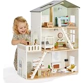 Giant bean Modern Wooden Dollhouse with Lights &amp; 37PCS Furniture Set | Nordic Style 3-Story Playhouse for Kids 3+, Natural Wood Montessori Doll House with Realistic Rooms, Gift for Girls &amp; Boys