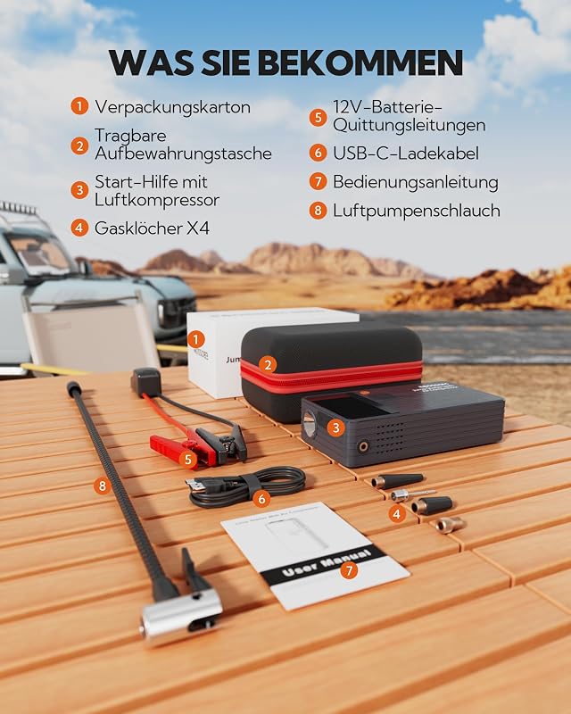 Starthilfe Powerbank für PKW mit 7 in 1 Portablem Luftkompressor,Powerpack kfz Booster mit 12000 mAh,Auto Jump Starter Batterie mit LED Lampe und USB-C Ladung,Reiseset und Notfallwerkzeug