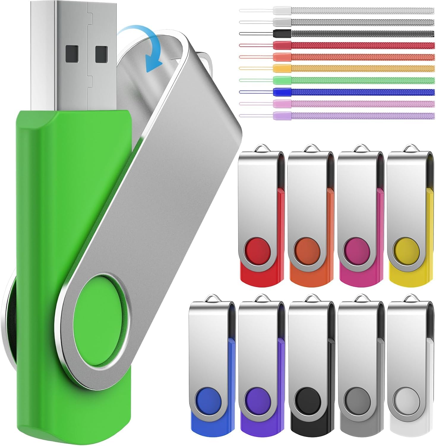 FEBNISCTE 16 Gig Memory Stick, Multi-Coloured USB 2.0 Flash Drive 16GB, Swivel Design Bulk Thumb Drive, Portable Pen Drives Data Storage With Cords for Photo Video File Music- USB Memory Drive
