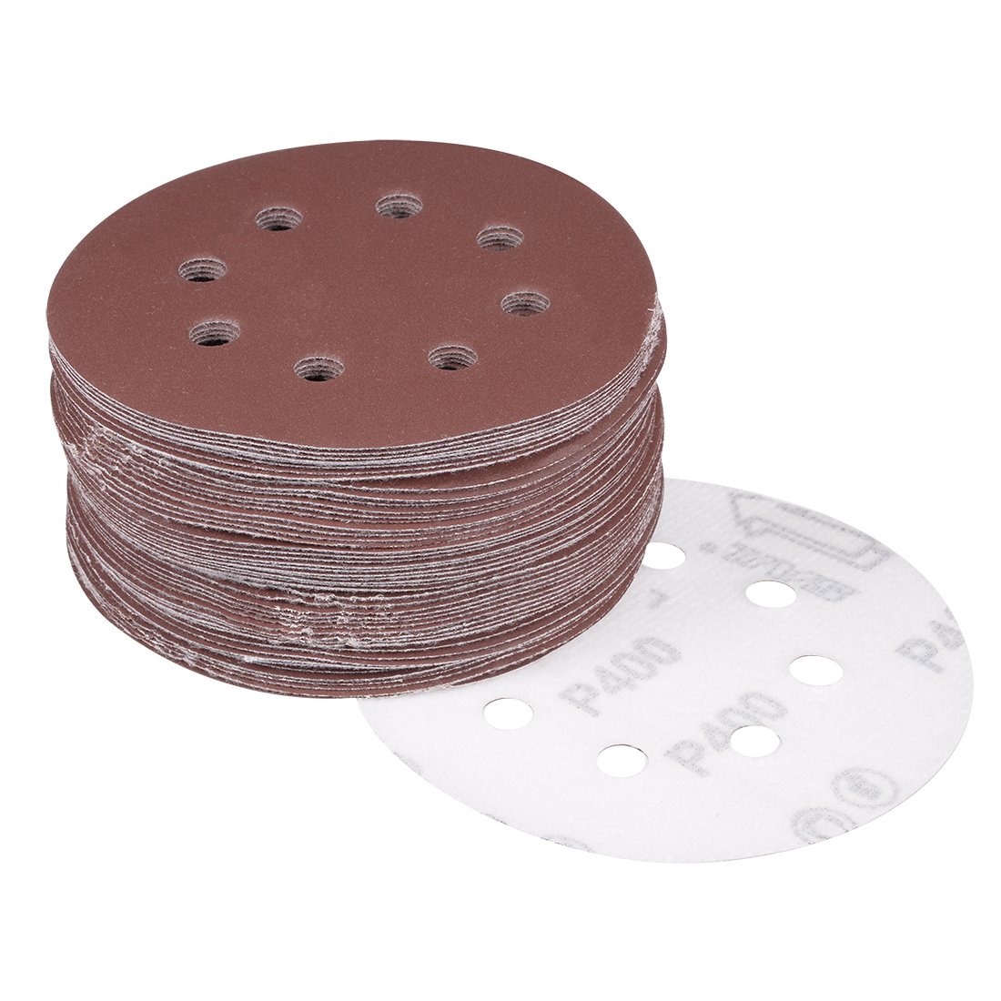 sourcingmap 50Pcs 5 inch 8 Hole Hook and Loop Sanding Disc 400 Grit Flocking Sandpaper Random Orbital Sander Paper