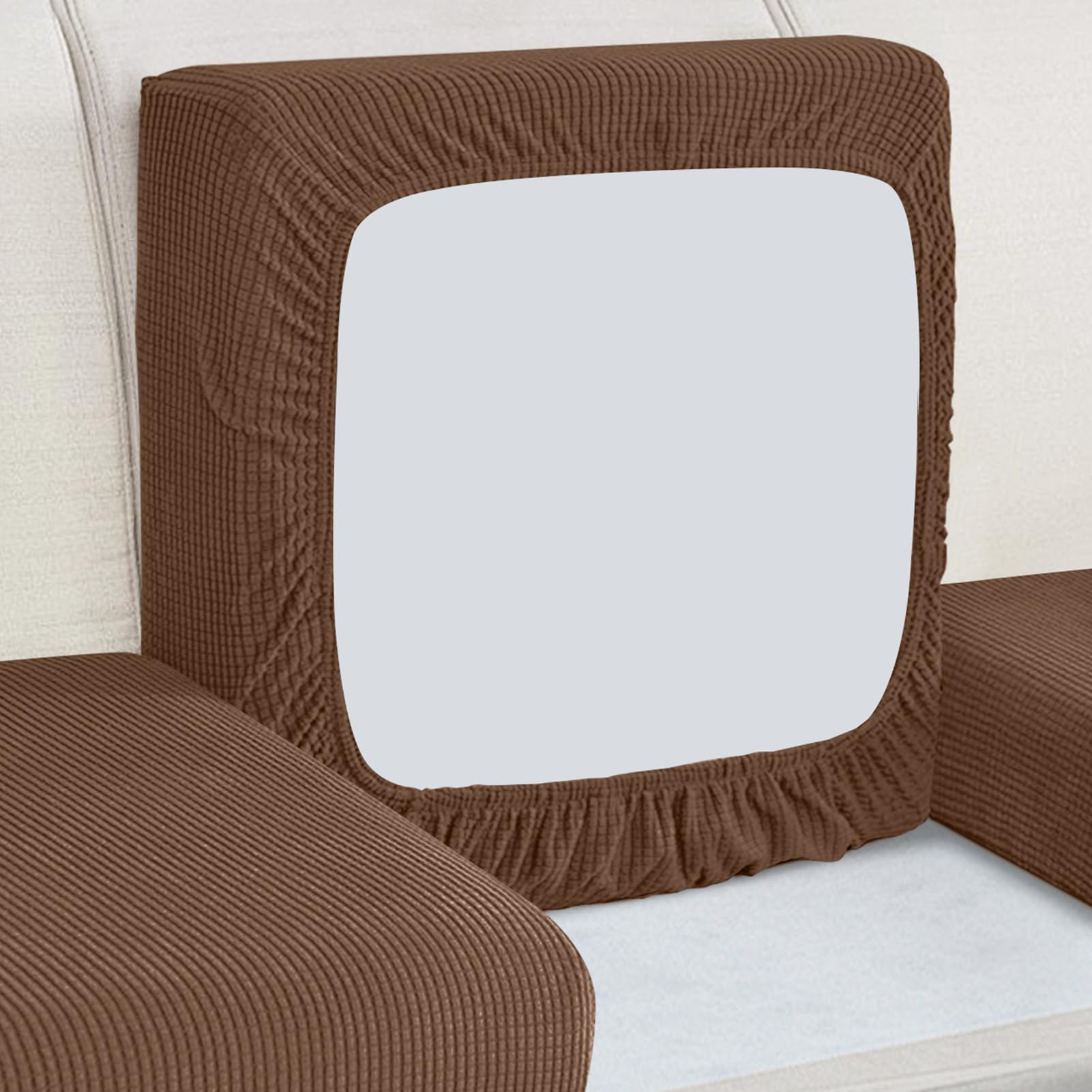 HEYOMART Sofa Seat Cushion Cover, Sofa Couch Cushion Furniture Protector, Universal Non-Slip Sofa Slipcover Replacement with Elastic Bottom Spandex Jacquard Fabric Small Checks (3 Seater, Brown)