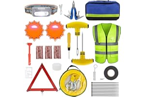 POVTIMS Car Emergency Kit, Roadside Tire Repair Tool Kit with Road Flares, Tow Strap, Pliers, Headlamp, Reflective Vest, Triangle Hammer Safety Assistance Tools