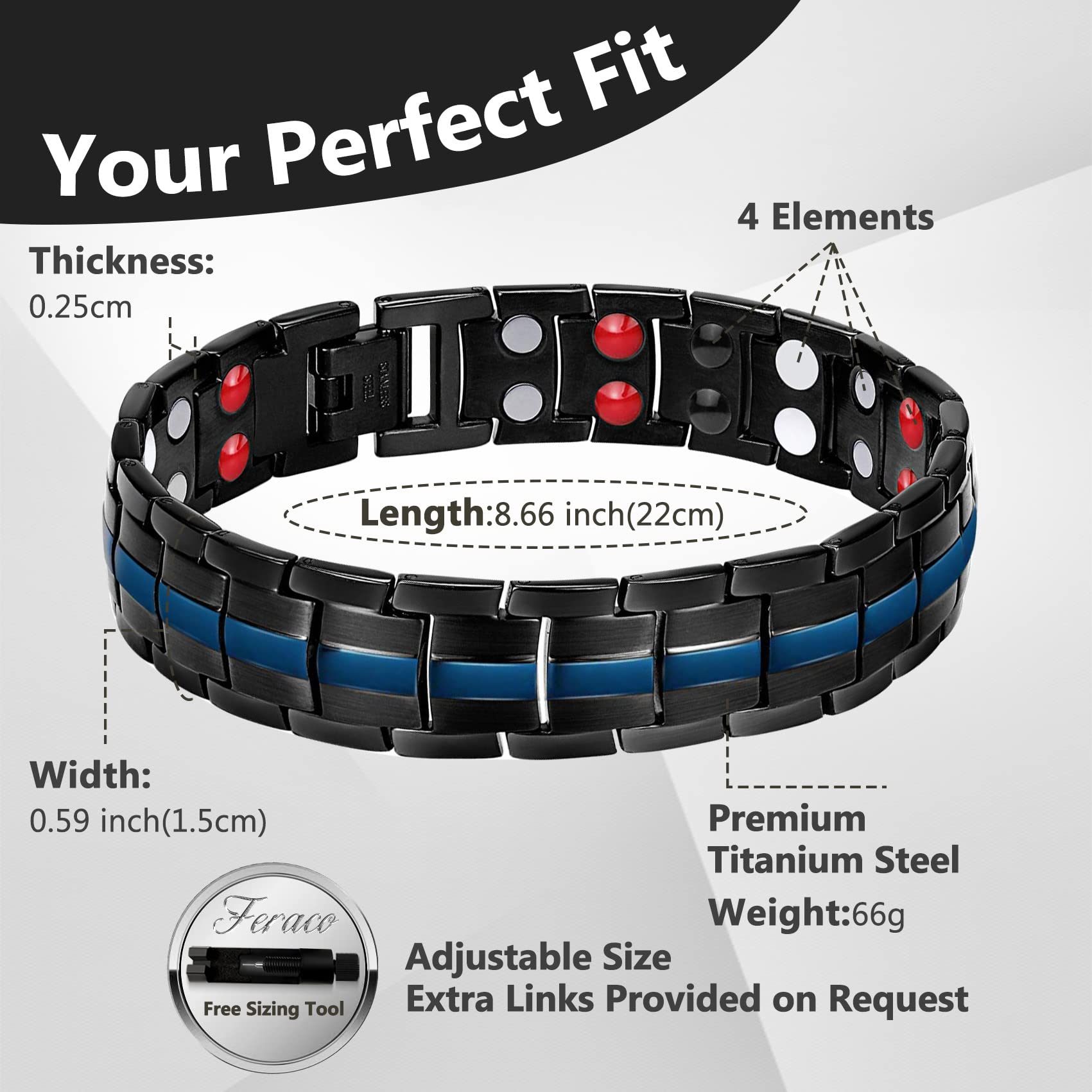 Feraco Magnetic Bracelets for Men, Titanium Steel Magnet Bracelet with Double Rows Effective 4 Elements Stones