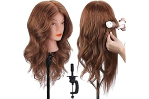Mannequin Head with 100% Human Hair, TopDirect Real Hair Cosmetology Mannequin Head Hair Styling Hairdressing Practice Training Doll Head with Clamp Holder and Tools (Dark Brown)