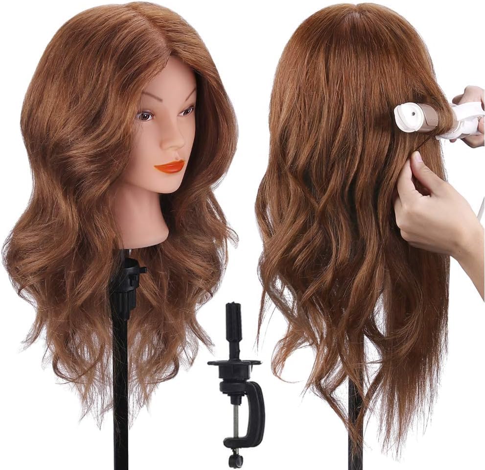 Photo 1 of Mannequin Head with 100% Human Hair, TopDirect Real Hair Cosmetology Mannequin Head Hair Styling Hairdressing Practice Training Doll Head with Clamp Holder and Tools (Dark Brown)