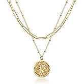 Valloey Rover Gold Layered Coin Necklace for Women Birth Flower Necklace 14K Gold Plated Dainty Carved Floral Pendant Necklace Personalized Engrave Double Layered Month Necklace for Birthday Jewelry