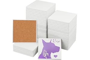 GNIEMCKIN 50 Pieces 3.54 Inch Square Blank Ceramic Coasters, Unglazed Ceramic Tiles Coasters with Cork Backing Pads for Painting, DIY Crafts, White.
