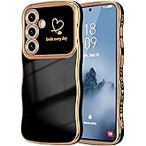 LCHULLE for Samsung Galaxy S25 Plus Case for Women Girls, Cute Wave Frame Curly Shape with Love Heart Raised Camera Protection Cover Luxury Plating Shockproof Phone Case for Galaxy S25 Plus 5G, Black