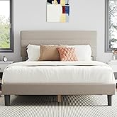Novilla Full Size Bed Frame with Headboard, Full Bed Frame with Wooden Slats Support, Linen Upholstered Stripe Headboard, No Box Spring Needed, Heavy Duty Feet, Easy Assembly, Beige