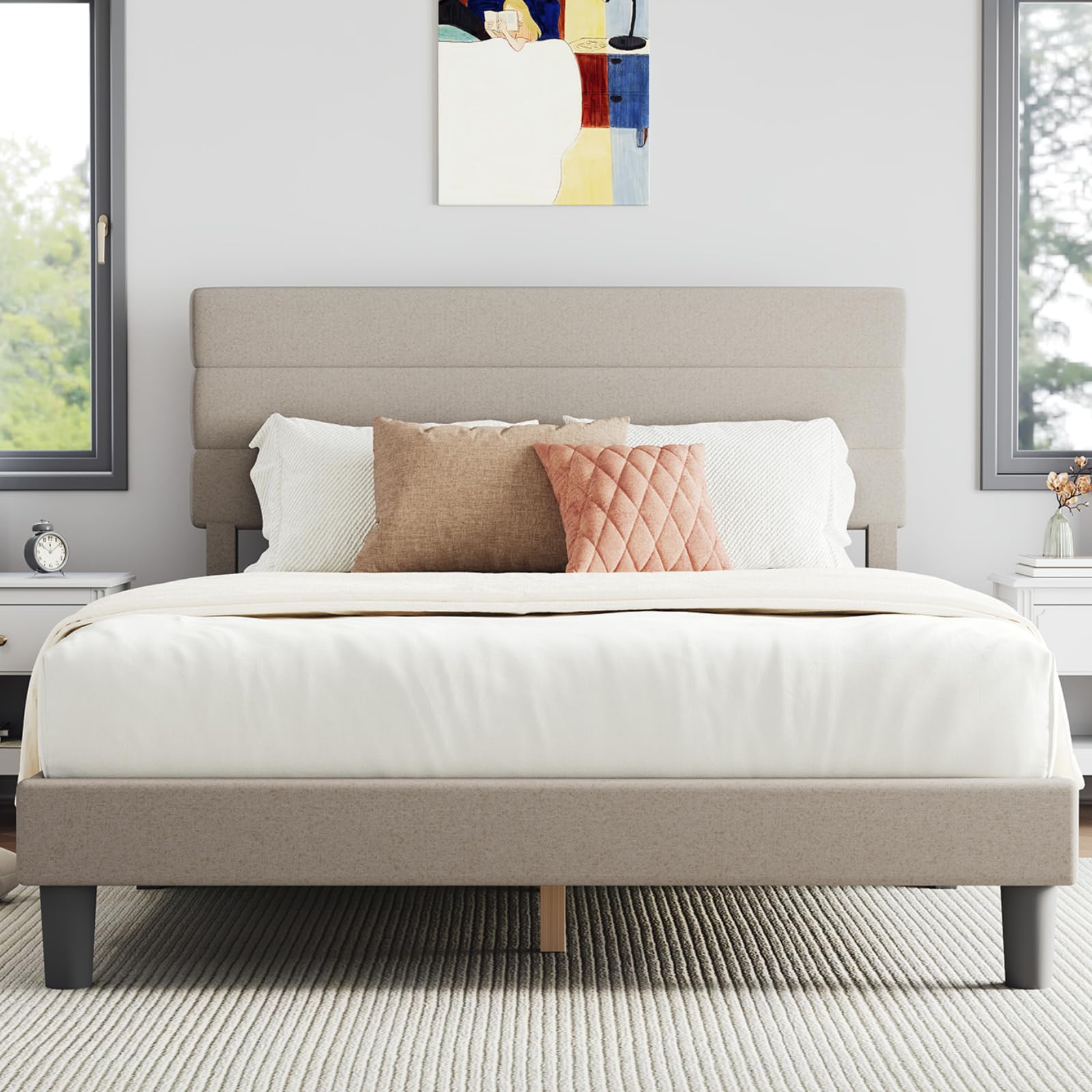 Photo 1 of **NO ASSEMBLY HOLES** Novilla Queen Bed Frame, Queen Size Bed Frame with Wooden Slats Support, Linen Upholstered Stripe Headboard, No Box Spring Needed, Heavy Duty Feet, Easy Assembly, Beige