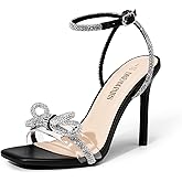 DREAM PAIRS Women's Double Bowknots Crystal Sandals Clear Slingback Heels Square Toe Shoes for Party Wedding