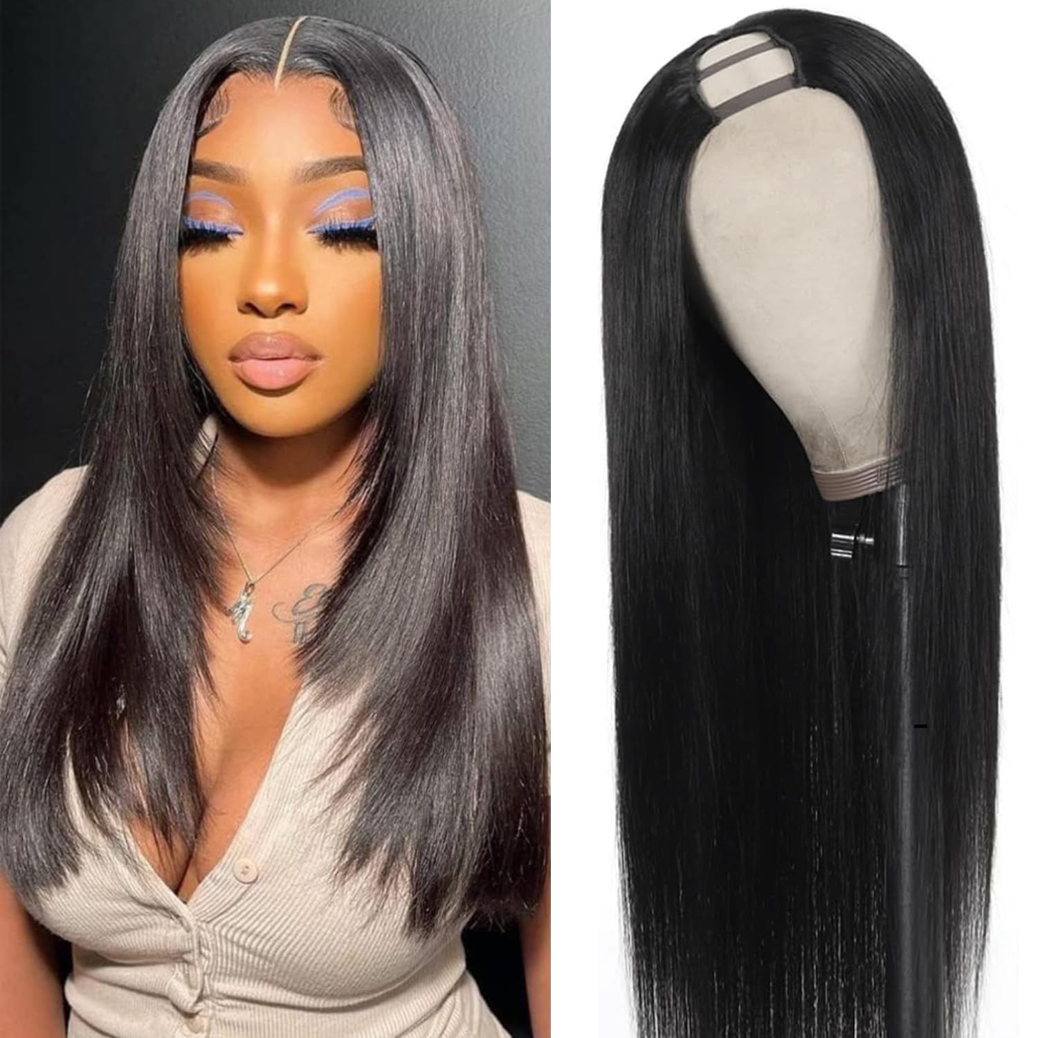 U Part Wig Human Hair Straight Upgrade U Part Glueless Wig for Black Women Natural Scalp Quick Style Everyday Hairstyle Vacation Ready Party Occasion 150% Density 20 Inch