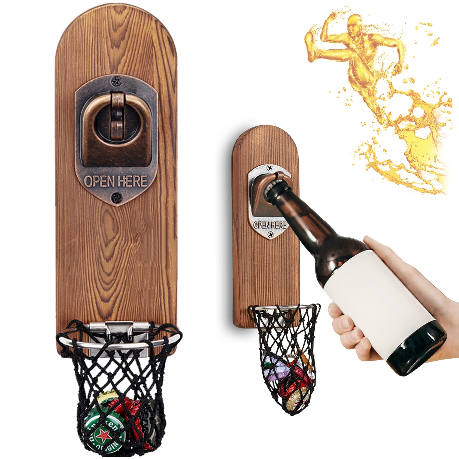 ZONSUSE Magnetic Bottle Openers with Netting Catcher, Wall Mounted Wooden Beer Bottle Opener, Traceless Corkscrew, Home Bar Accessories for Kitchen, Garden, Outdoor, Ideal Beer Gifts for Men