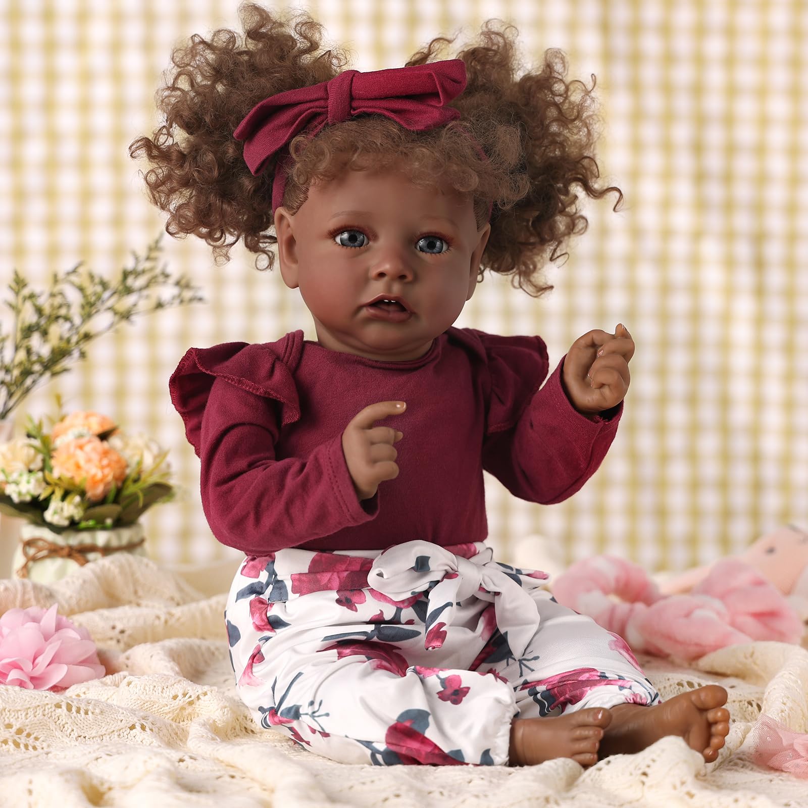BABESIDE 3 Pcs Reborn Baby Doll Clothes for 17-22 Inch Babydolls, Floral Patterns Lifelike Baby Doll Accessories for Realistic Baby Dolls Girl, Wine Red