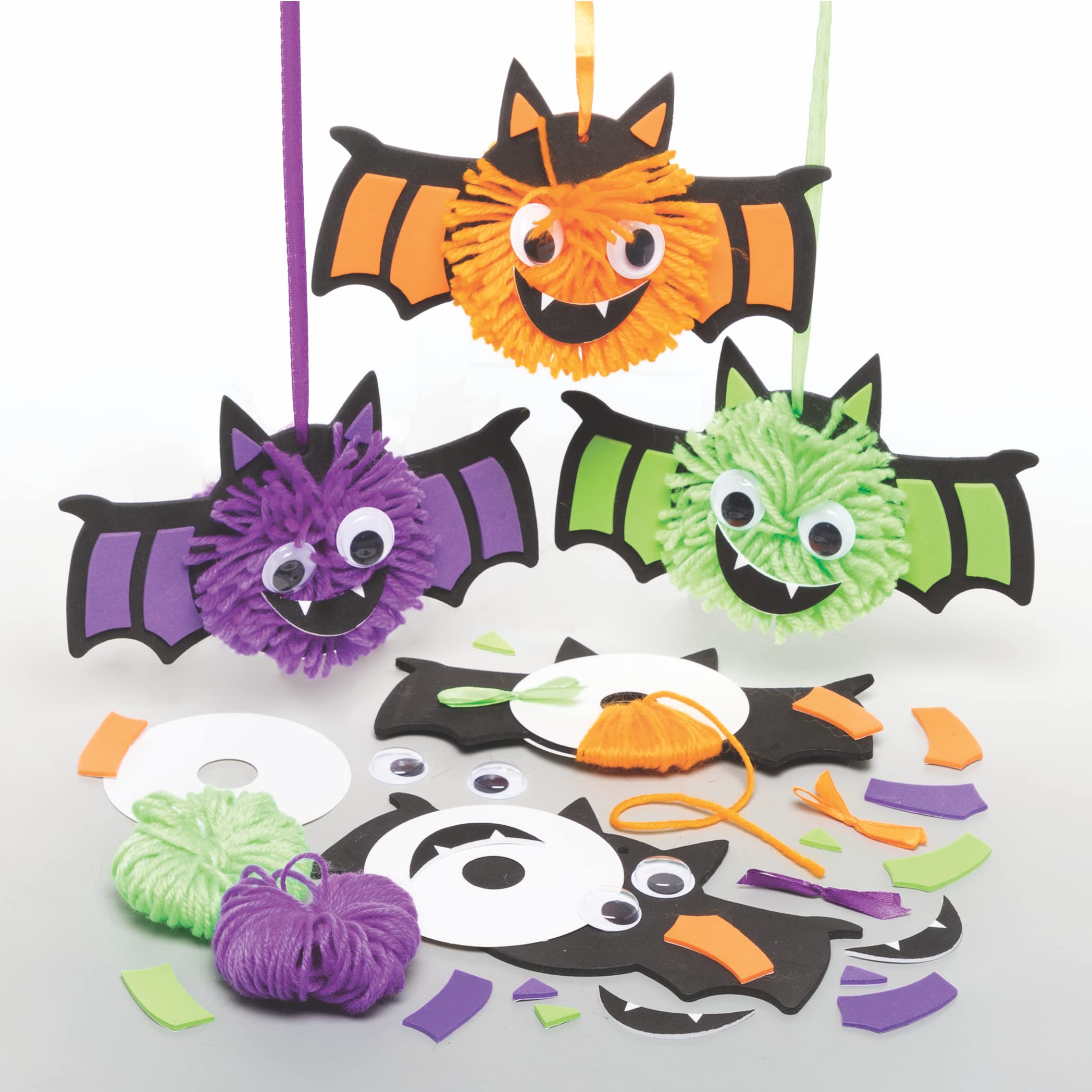 Baker Ross Bat Pom Pom Kits - Pack of 3, Halloween Craft Kits for Kids, Kids Make Your Own Halloween Decorations (FE673)