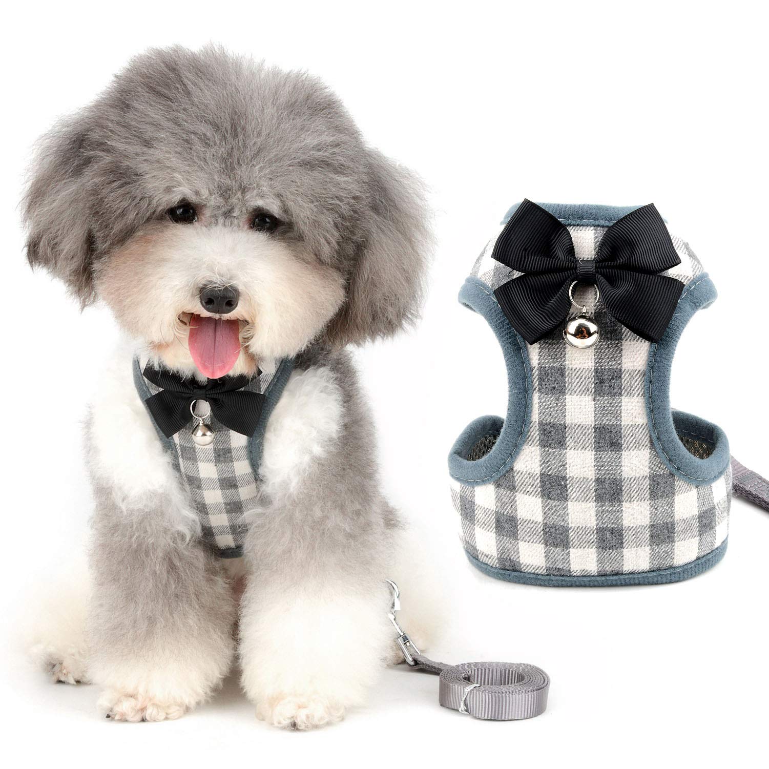 Zunea No Pull Small Dog Harness and Lead Sets Adjustable Soft Mesh Plaid Tuxedo Vest Clothes with Bowtie and Safety Bell for Puppy Chihuahua, Escape proof Cats Harnesses for Walking Gray L
