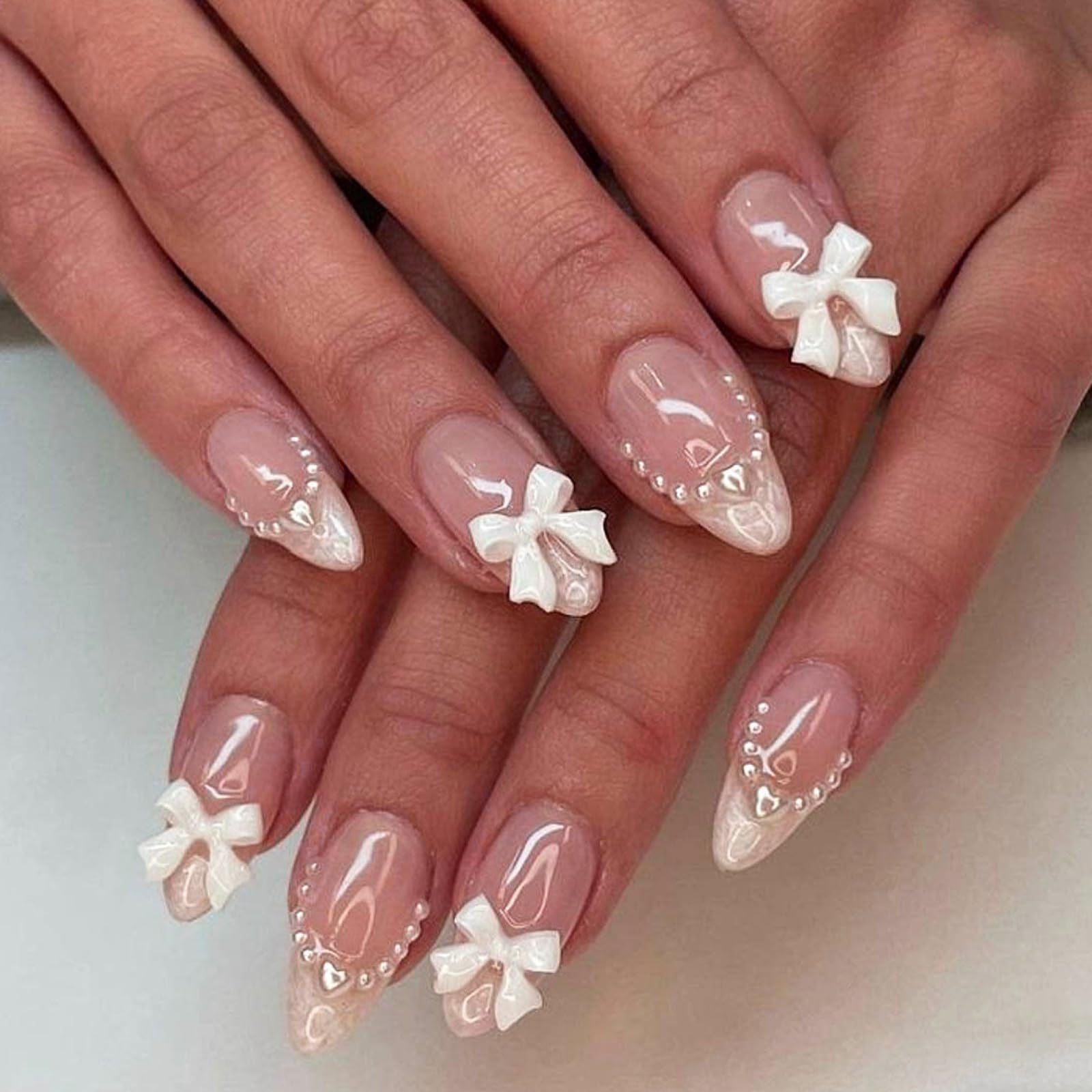24Pcs Almond False Nails - French Tip False Nails - Stick on Nails with Pearl and White Bow - French Style Almond Press on Nails - Full Cover Acrylic Square False Nail Tips for Women Girls Nail Art