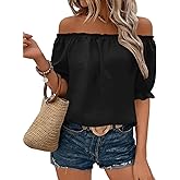 Kistore Womens Tops Short Sleeve Cotton Shirts Off The Shoulder Tops for Women Crewneck Dressy Casual Blouses S-XXL