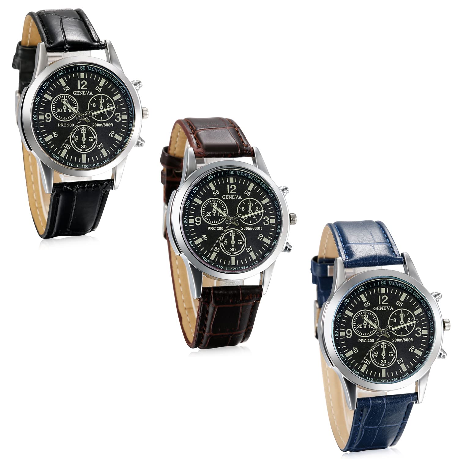 JewelryWe Lot of 3 Wholesale Business Casual Men's Quartz Wrist Watch Leather Strap Watches