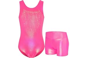 Nokecina Gymnastics Leotards for Girls Sparkly Tumbling Bodysuits with Shorts Athletic Activewear Sleeveless Dance Outfit