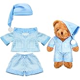 Civaner Striped Bear Clothes, Stuffed Toys Clothes, 12-16 Inch, Blue | Fit Plush Toys, Striped Outfit with Top Shorts and Sleep Cap, Soft Fabric, for Dress up Play, Bear Not Included