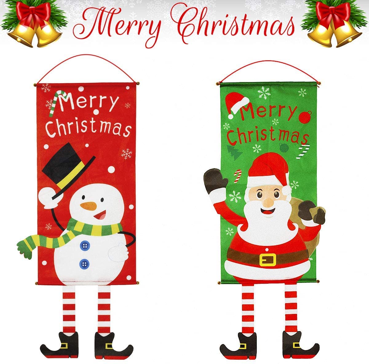 LATERN 2Pcs Merry Christmas Fabric Flag, 110CM x 40CM Santa Claus and Snowman Banner Flag Xmas Door Porch Decor Supplies Hanging Ornament for Home Wall Front Door Garden Yard Xmas Decoration