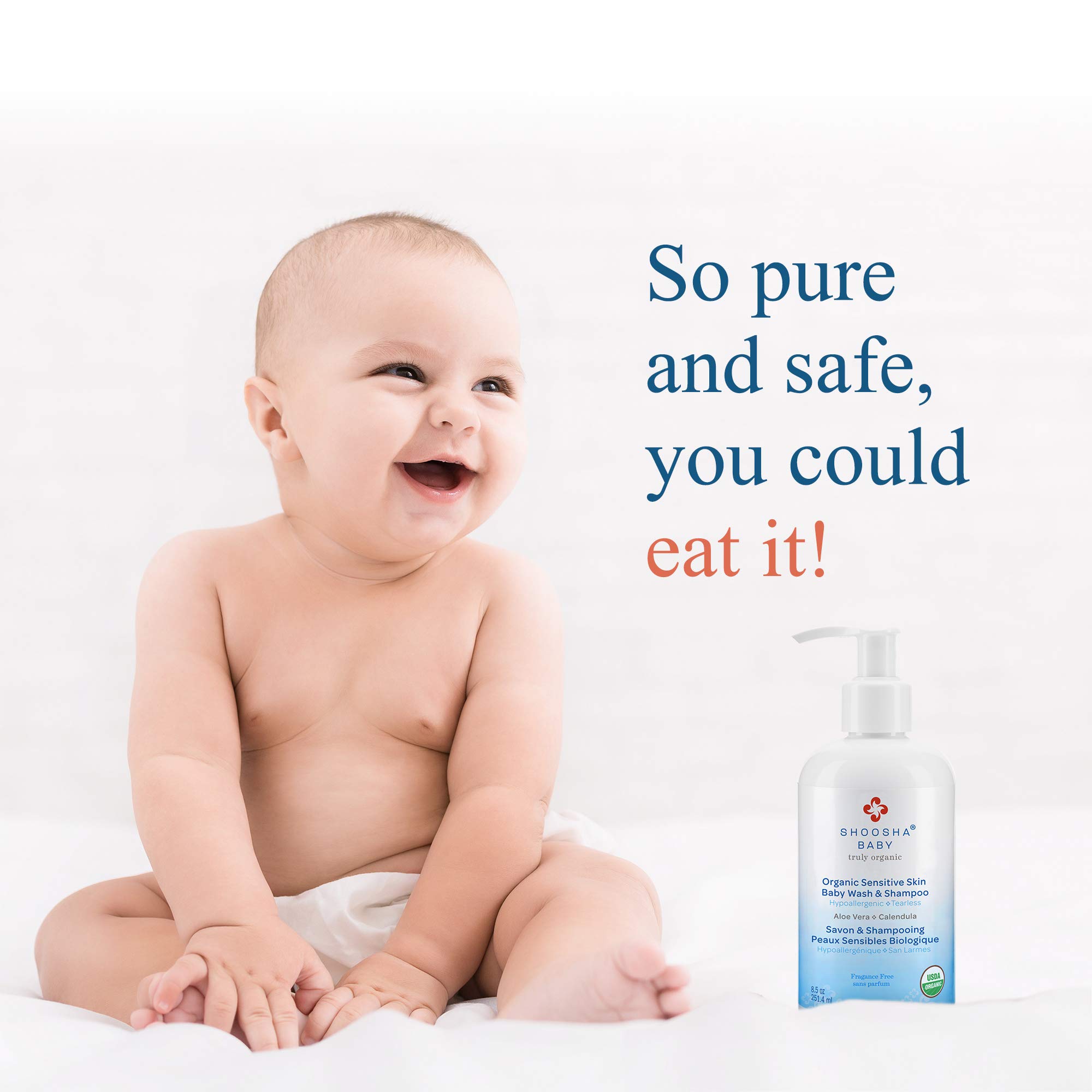 Shoosha USDA certified Organic Shampoo and Body Wash for babies and kids, Great for Sensitive Skin, All natural made from food grade ingredients, Fragrance and Tear Free, Hypoallergenic