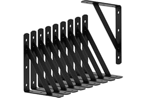 CONNOO 10 Pack L8" x H 6" Heavy Duty Shelf Brackets Black Thickness Metal Shelves Supports 90 Degree Wall Mount Angle L Bracket for Floating Shelving Corner Bracket with Screws