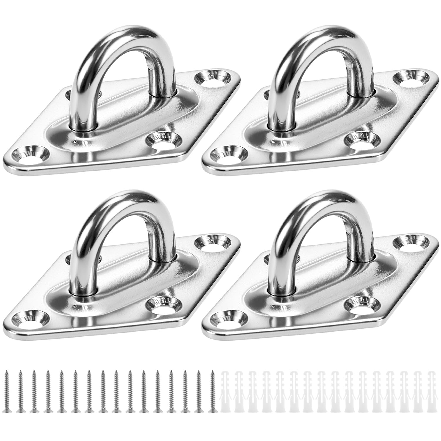 QWORK® 4 Pack Ceiling Hook Pad Eye Plate, M6 6mm(1/4”) 316 Stainless Steel Pad Eyebolt with Screw, Heavy Duty Plate Anchor for Yogo Hammock Marine Boat