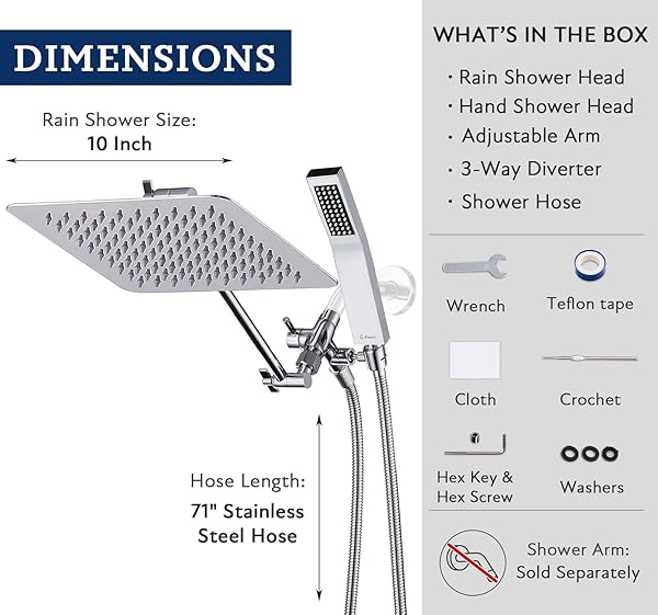 G-PROMISE ALL METAL 10″ DUAL SQUARE SHOWER HEAD COMBO | RAIN SHOWER HEAD | HANDHELD SHOWER WAND | ADJUSTABLE | SMOOTH 3-WAY DIVERTER | 71″ EXTRA LONG HOSE – A BATHROOM UPGRADE (CHROME)
