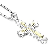 JUNOVUROS Stainless Steel Jesus Christ Cross Pendant Necklace for Men, 20 to 28 In Rolo/Byzantine Chain, 2 Sizes of Religious Jewelry with Silver/Gold/Black