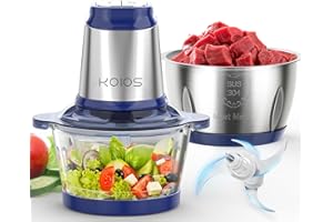 KOIOS 500W Powerful Electric Food Processor with 8 Cup Stainless Steel & Glass Bowls, 2 Speed Mode Electric Food Chopper with