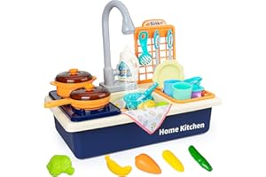 Lebana Pretend Play Sink with Running Water, Kids Play Kitchen Toy Sink Electric Dishwasher, Play Cooking Stove, Cookware Pot and Pan,Play Food, Utensils Tableware Accessories for Kids Toddlers