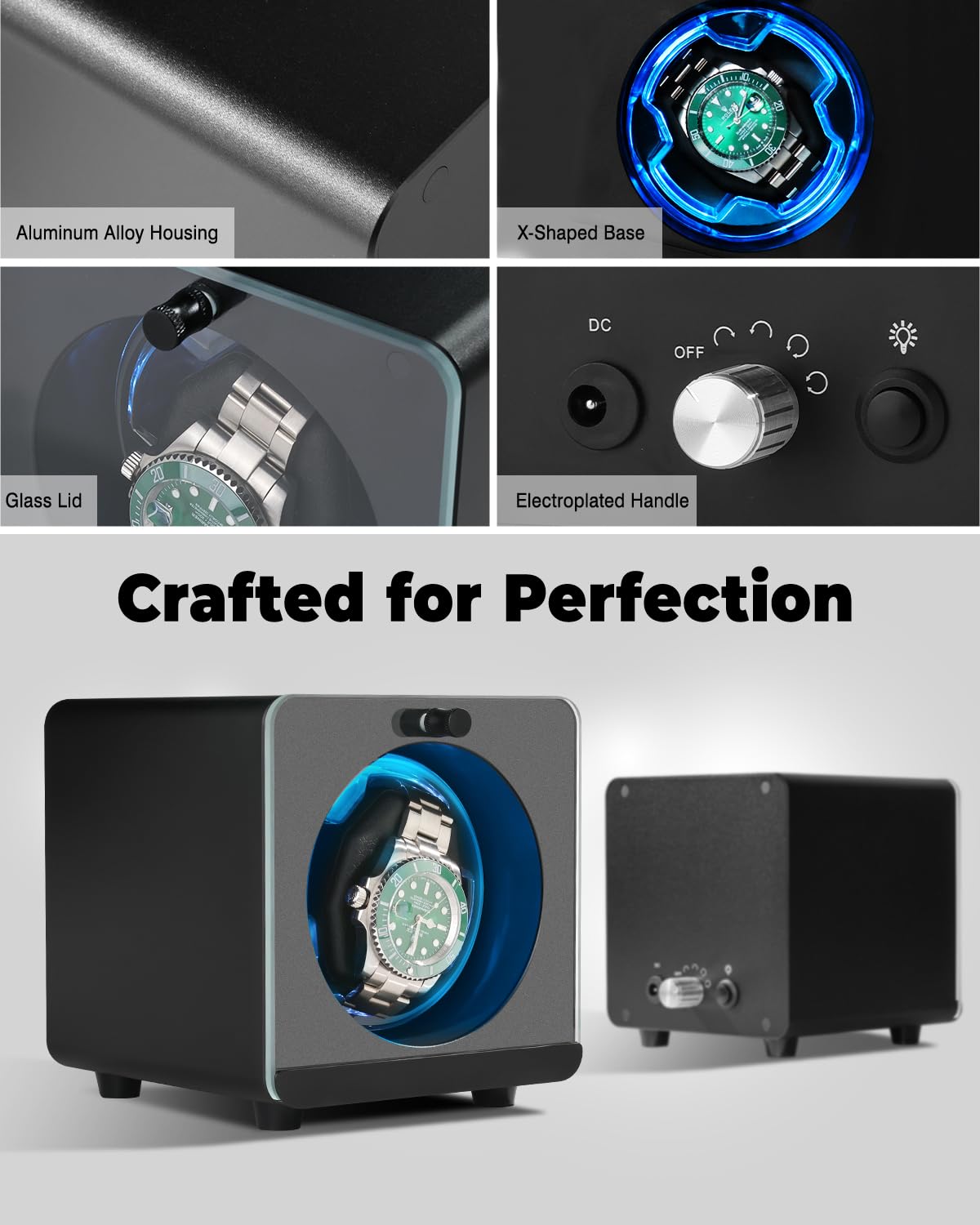 Cevale Cevale Single Watch Winder,Aluminum Automatic Watch Winder for Rolex with Ultra Quiet Motor(≈0dB),Self-Winding Metal Watch Winder for Every Watches,Blue Light,Gift for Watch Lovers