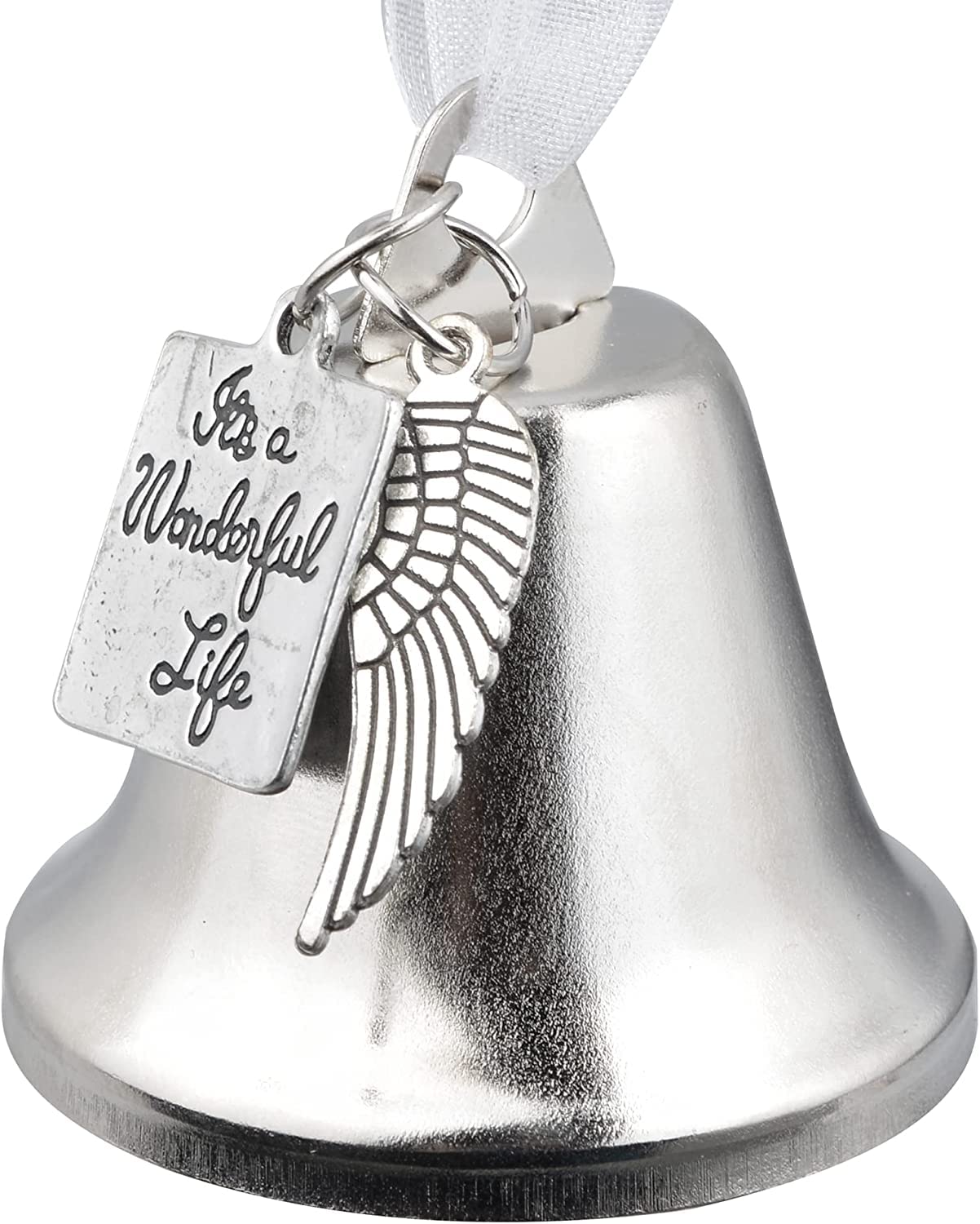 Silver Plated It's A Wonderful Life Christmas Bell Ornaments for Xmas Tree Wedding Anniversary Decoration Pendants with Angel Wings Charms (7X7CM)