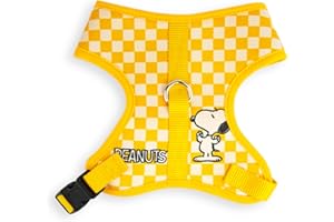 Peanuts Pet Harness, Dog Collar Plastic Buckle, Peanuts Snoopy Flexing Pose Checker Yellow White, Fits Dog with 15" Neck Size