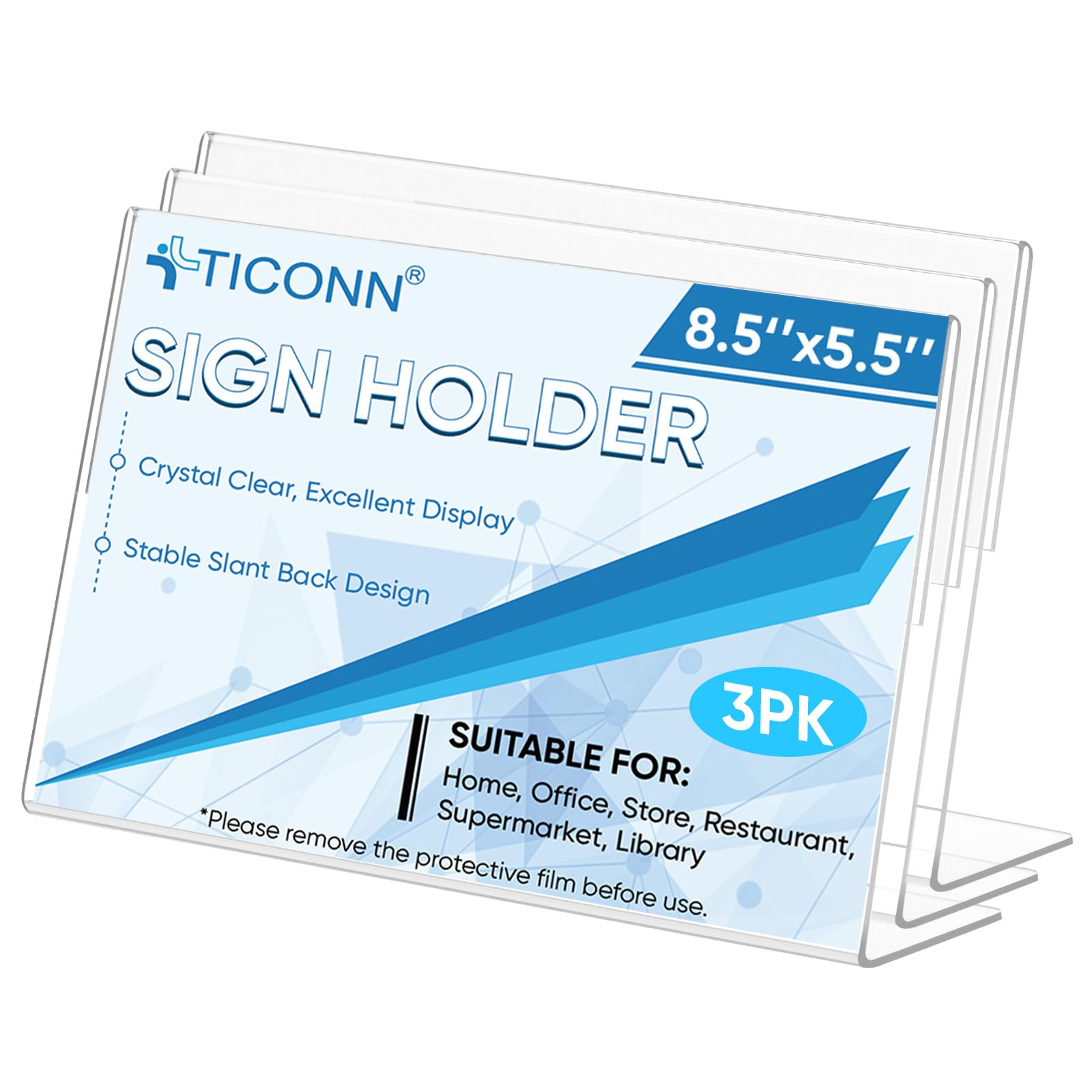 Photo 1 of TICONN 8.5 x 5.5 Acrylic Sign Holder, L Shape Clear Sign Stand for Displaying, Plastic Paper Holder for Office, Store, Restaurant (Horizontal 3 Pack)