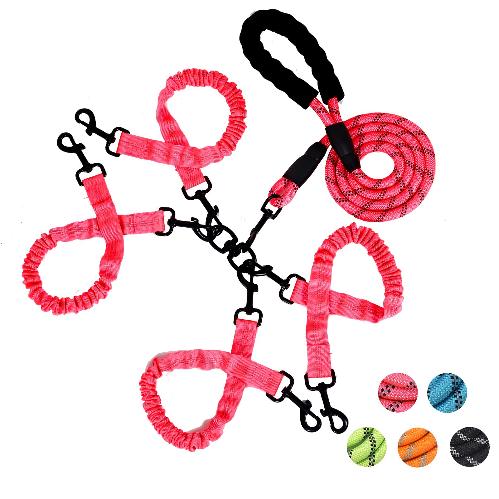 Photo 1 of 4 Way Dog Leash,No Tangle for Four Dogs, 3 in 1 Dog Leash with 360° Swivel, Shock Absorbing, Reflective Threads Comfort Foam Handle, Ideal for Small Dogs and Dog Training (Pink, Four Leashes)