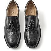 BEAU TODAY Women's Loafers, Leather Tassel Loafers Women, Chunky Low Heeled Loafers Shoes, Casual Slip On Square Toe Loafer, Comfortable Business Wingtip Brogue Dressy Work Shoes