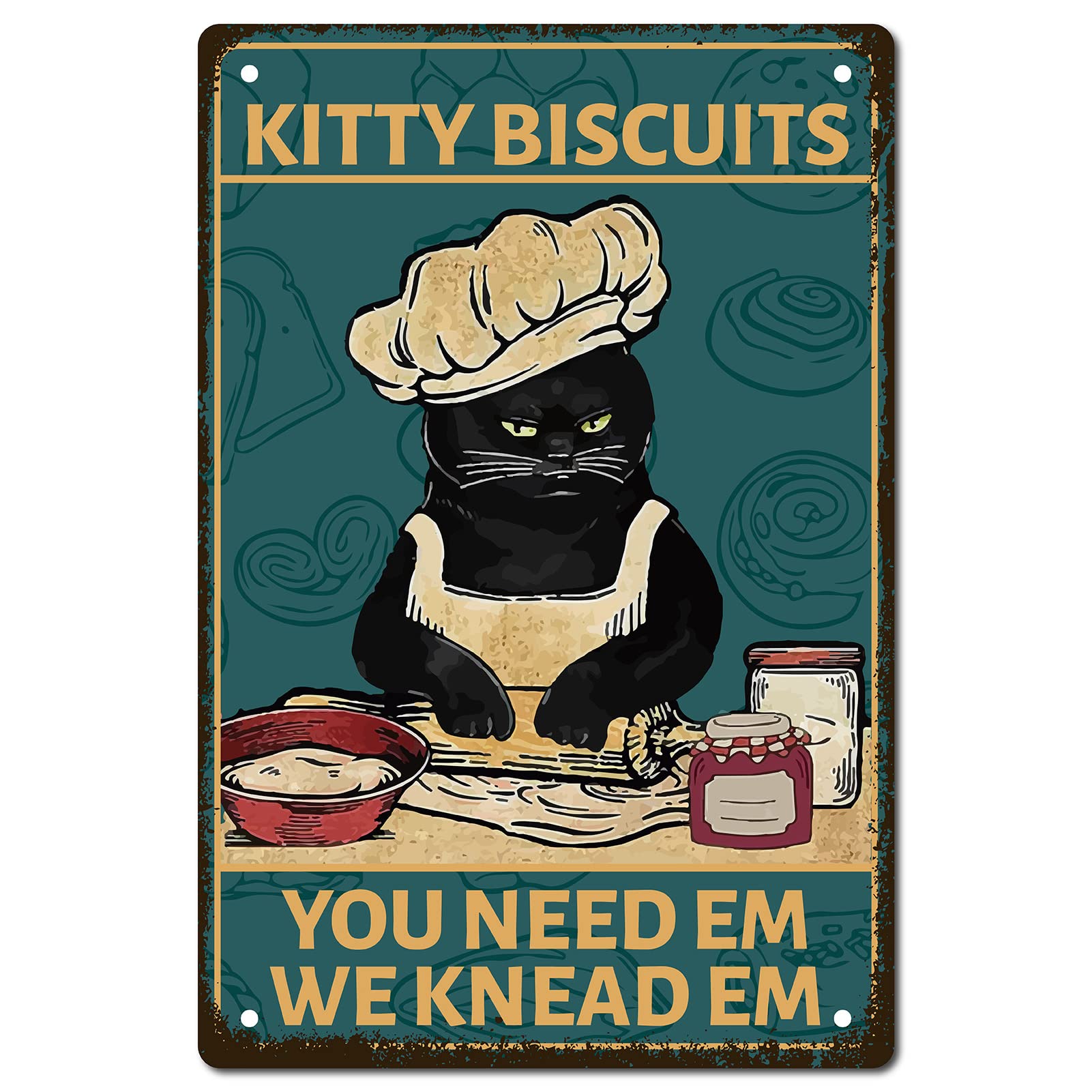 CREATCABIN Cat Kitchen Vintage Metal Tin Sign Kitty Biscuits We Knead Em You Need Em Cat Baking Sign Funny Black Cat Wall Art Decor Retro Poster for Home Kitchen Farm Restaurant Bakery 8 x 12 Inch