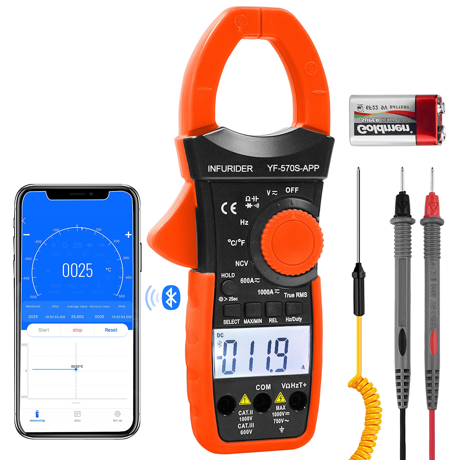 INFURIDER Digital AC/DC Volt Amp Clamp Meter,Wireless Bluetooth Auto Ranging 1000A Ammeter Clamp Multimeter for Voltage,Current,Ohm,Cap,Temperature Tester