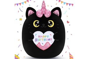 AUSPICIOUS BEGINNING Happy Birthday Gift Black Unicorn Cat Plush Toy - 11'' Kawaii Plushie Stuffed Animal Pillow - Cute Anime Plush for Kids